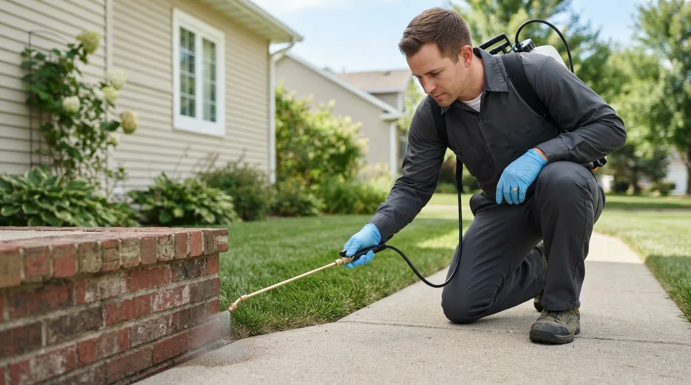 Pest control technician treating a home near Comins, MI