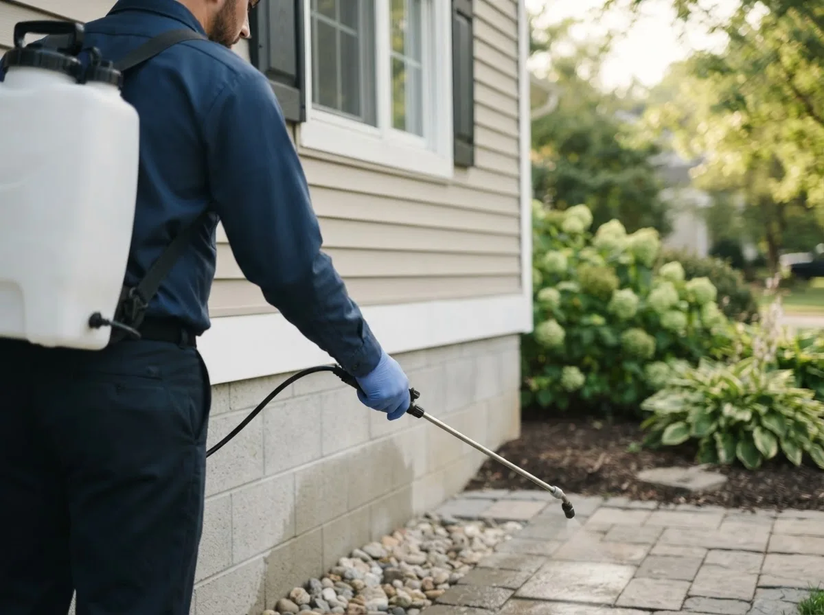 Pest control technician inspecting a home in Comins, MI